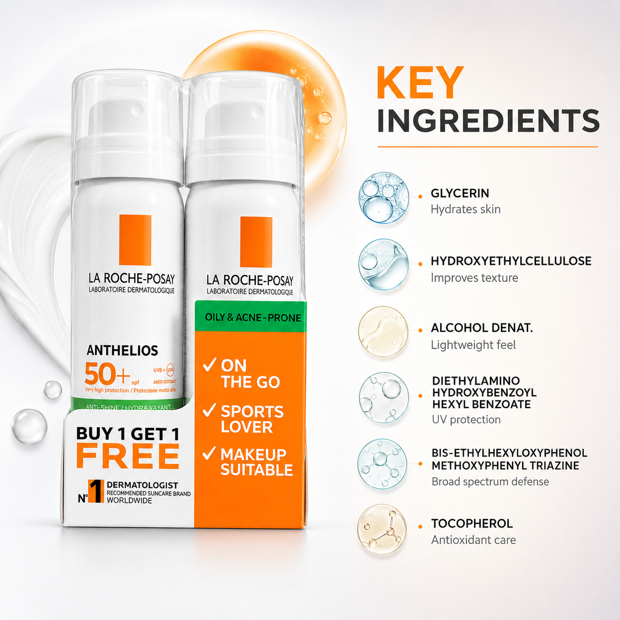 La Roche-Posay Anthelios SPF 50+ Anti-Shine Invisible Fresh Mist Twin Pack 2 x 75ml facial sunscreen spray for oily and acne-prone skin with broad-spectrum UV protection