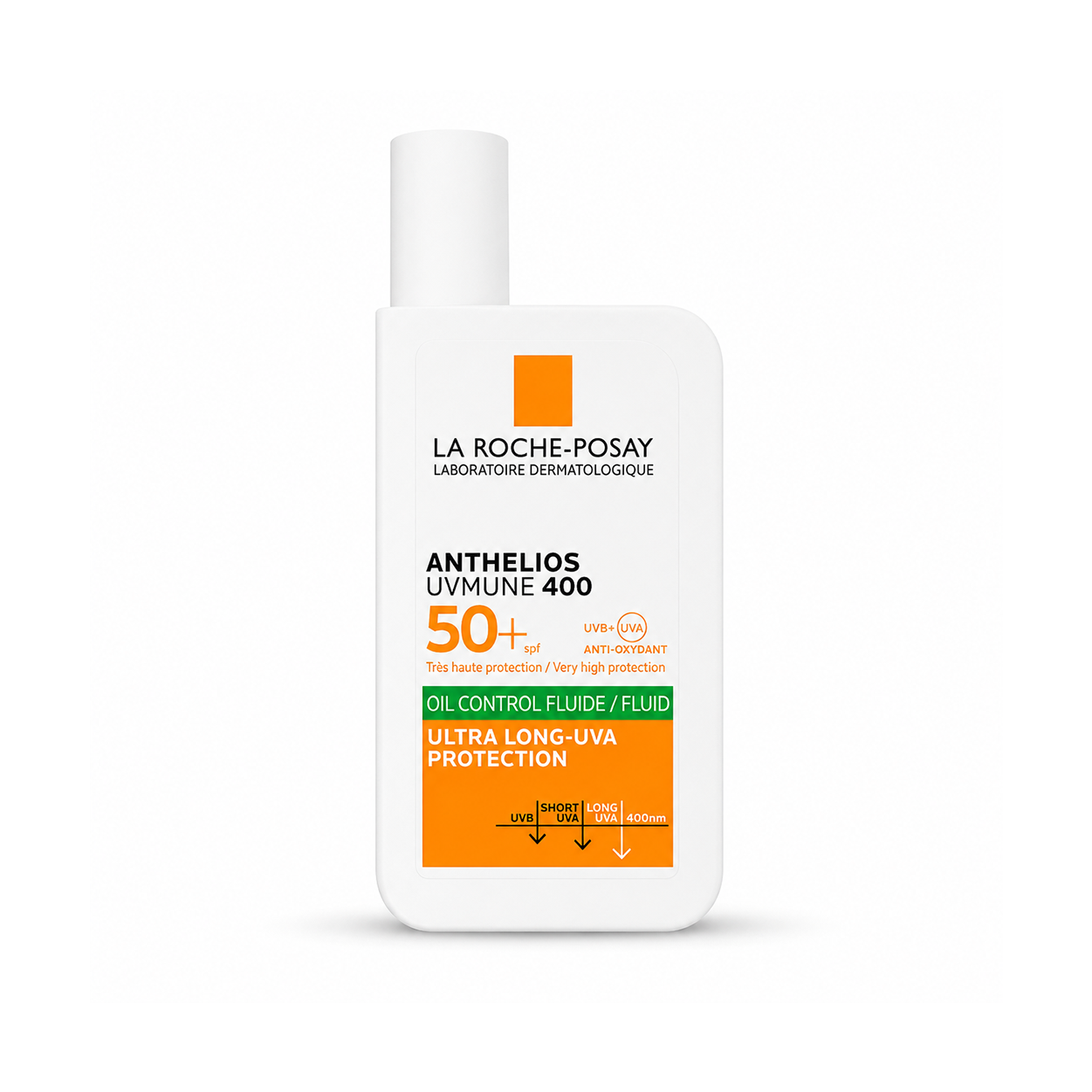 La Roche-Posay Anthelios UVMune 400 Oil Control Fluide SPF50+ facial sunscreen 50ml with oil control and ultra-long UVA protection.