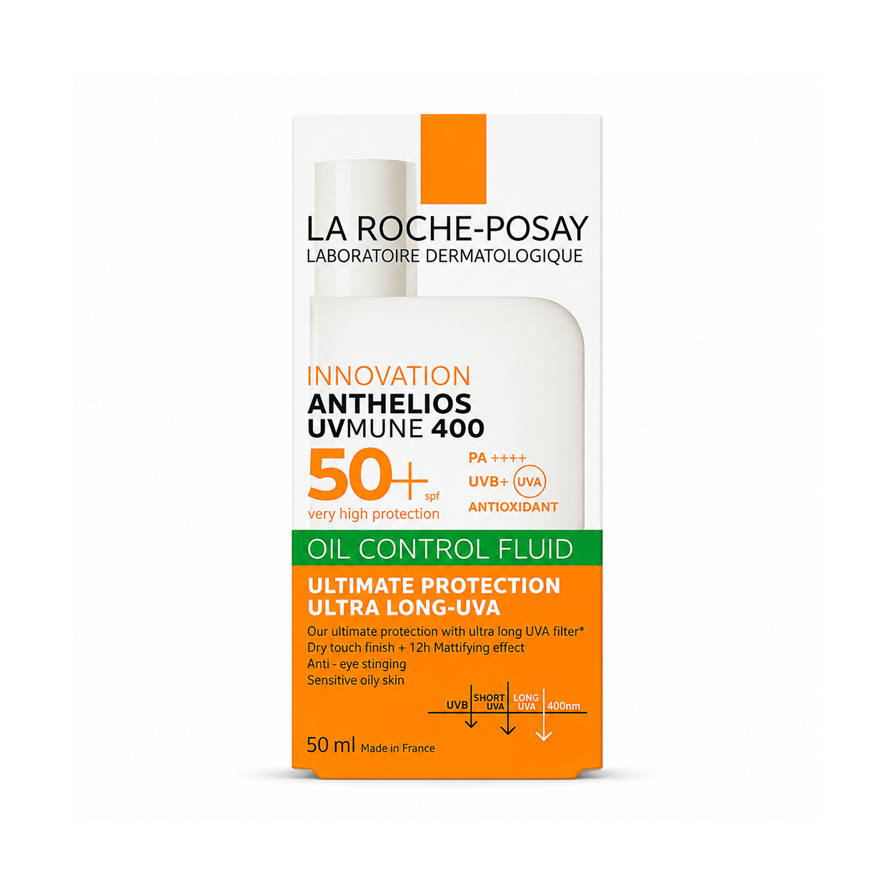 La Roche-Posay Anthelios UVMune 400 Oil Control Fluide SPF50+ facial sunscreen 50ml with oil control and ultra-long UVA protection.