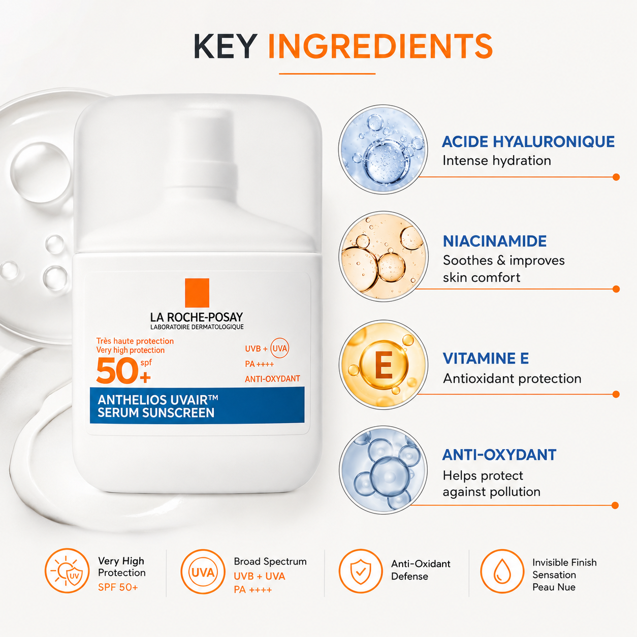 La Roche-Posay Anthelios UvAir Serum Sunscreen SPF 50+ PA++++ 50ml facial serum sunscreen providing broad-spectrum UV protection and lightweight hydration.