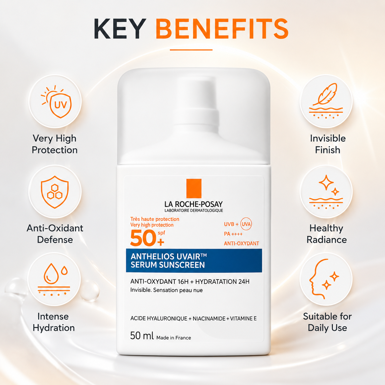 La Roche-Posay Anthelios UvAir Serum Sunscreen SPF 50+ PA++++ 50ml facial serum sunscreen providing broad-spectrum UV protection and lightweight hydration.