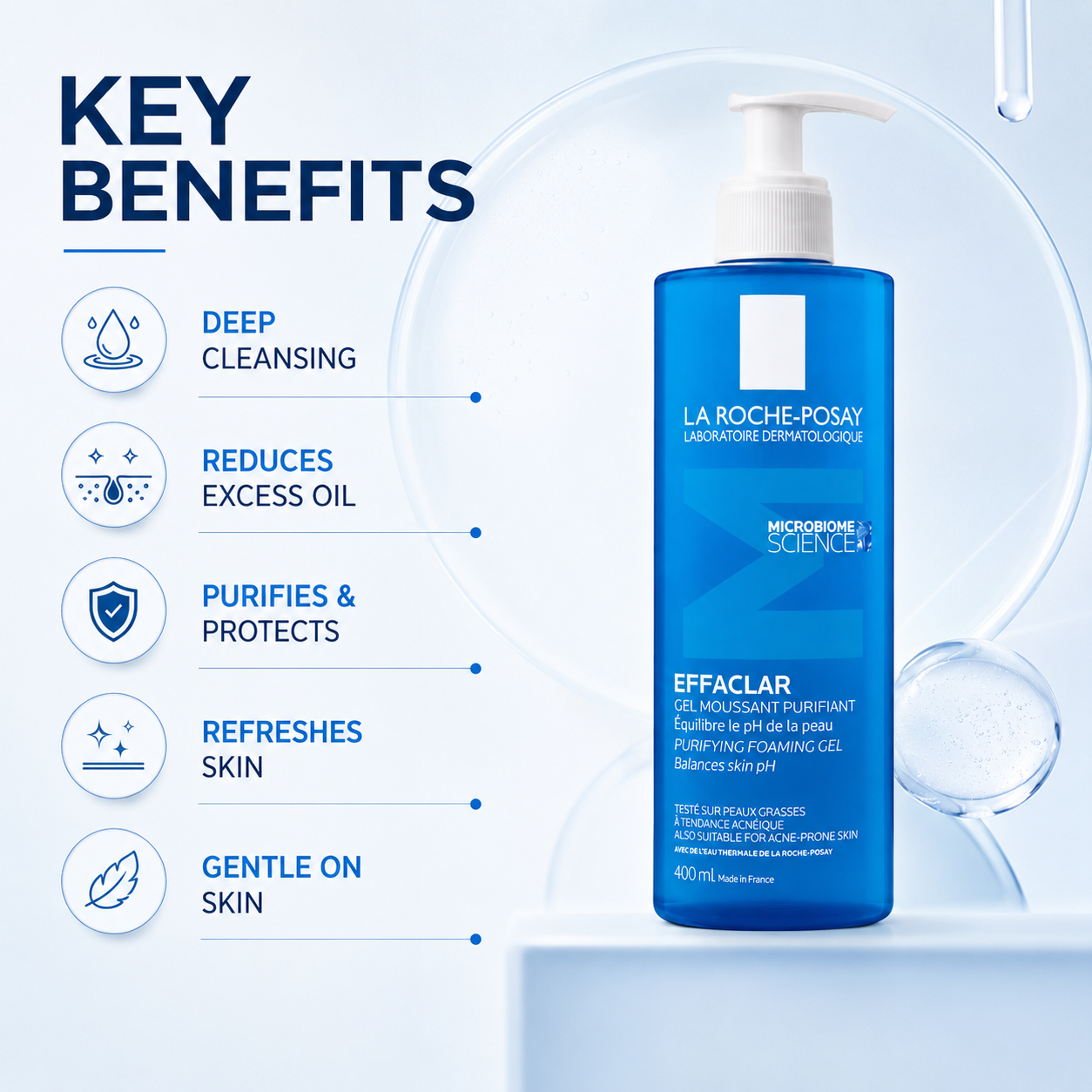 La Roche-Posay Effaclar Purifying Foaming Gel 400ml facial cleanser for oily acne-prone skin and excess oil control