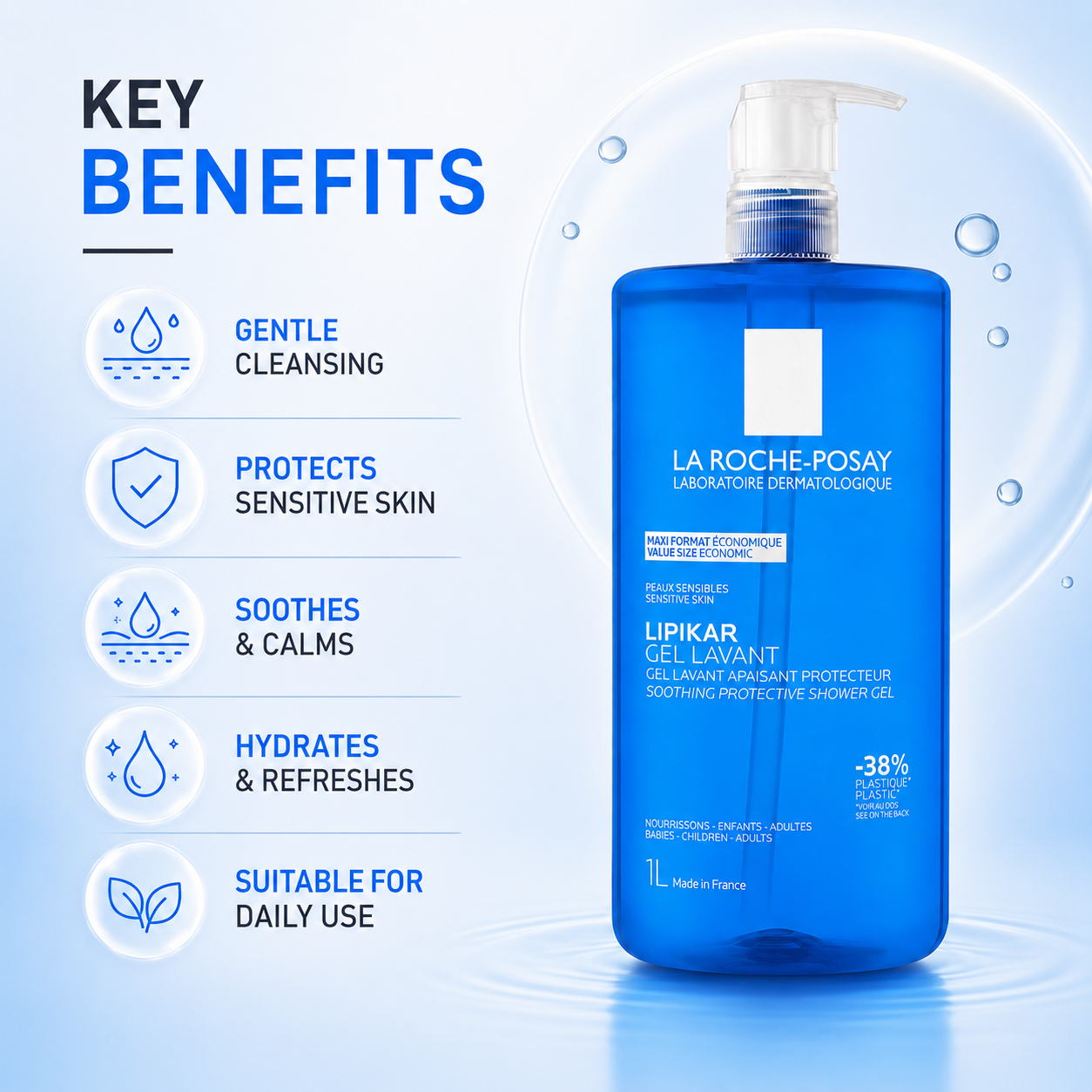 La Roche-Posay Lipikar Gel Lavant Soothing Protective Shower Gel 1L for sensitive dry skin hydration and gentle cleansing