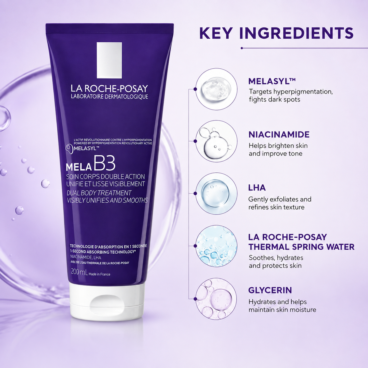 La Roche-Posay Mela B3 Dual Body Treatment 200ml for body hyperpigmentation and visibly smoother, more even-looking skin