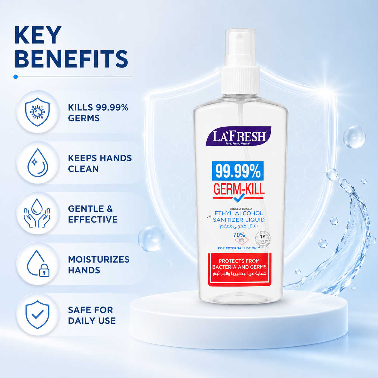 La'Fresh 99.99% Germ-Kill Ethyl Alcohol Sanitizer Liquid 250ml hand sanitizer spray for fast germ protection and daily hygiene use