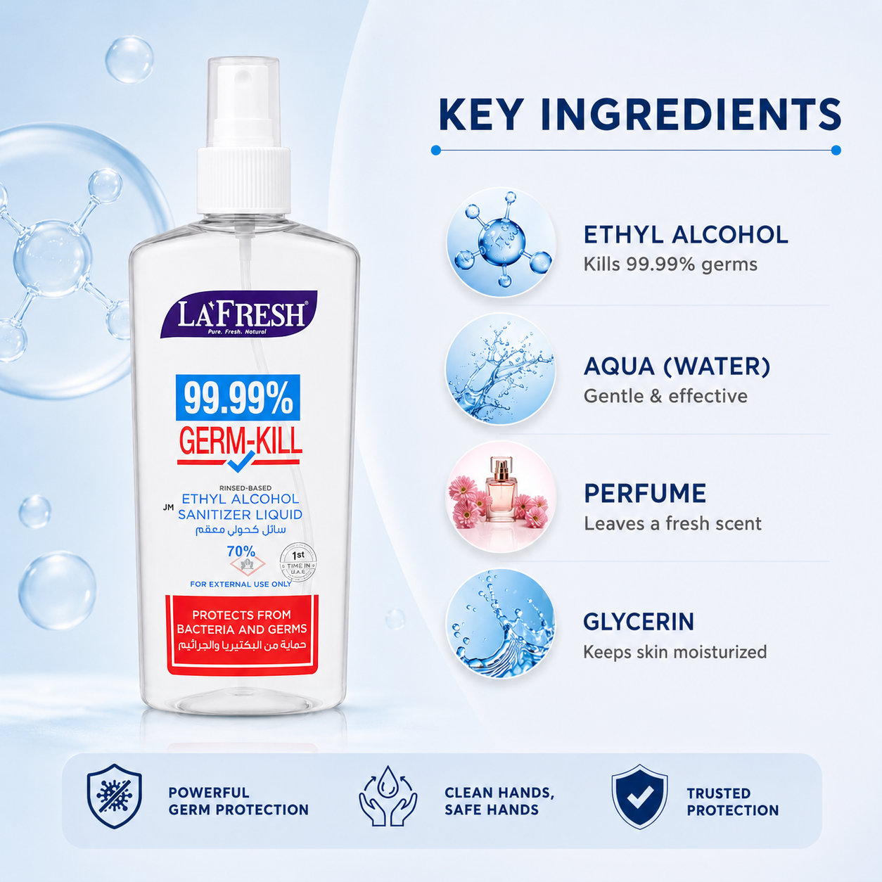 La'Fresh 99.99% Germ-Kill Ethyl Alcohol Sanitizer Liquid 250ml hand sanitizer spray for fast germ protection and daily hygiene use