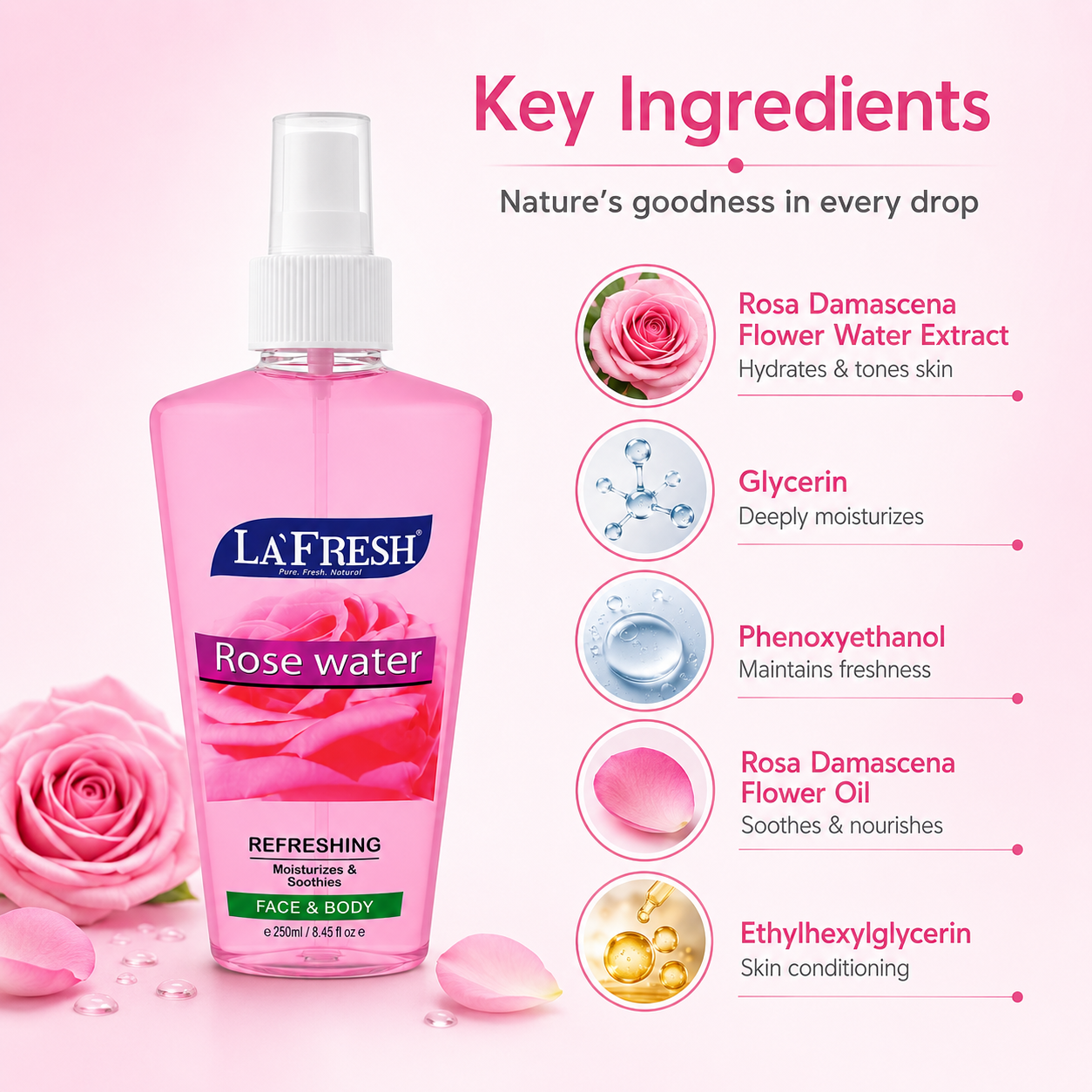 La'Fresh Rose Water Refreshing Face & Body Mist 250ml hydrating facial spray for dry and tired skin daily use