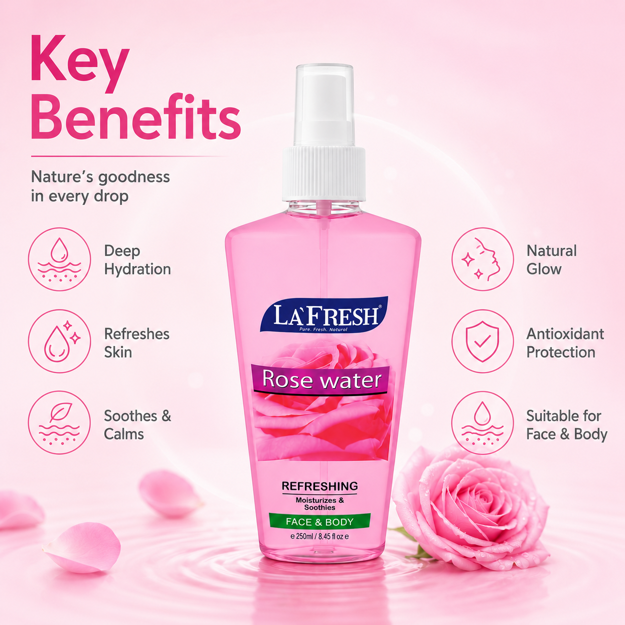 La'Fresh Rose Water Refreshing Face & Body Mist 250ml hydrating facial spray for dry and tired skin daily use