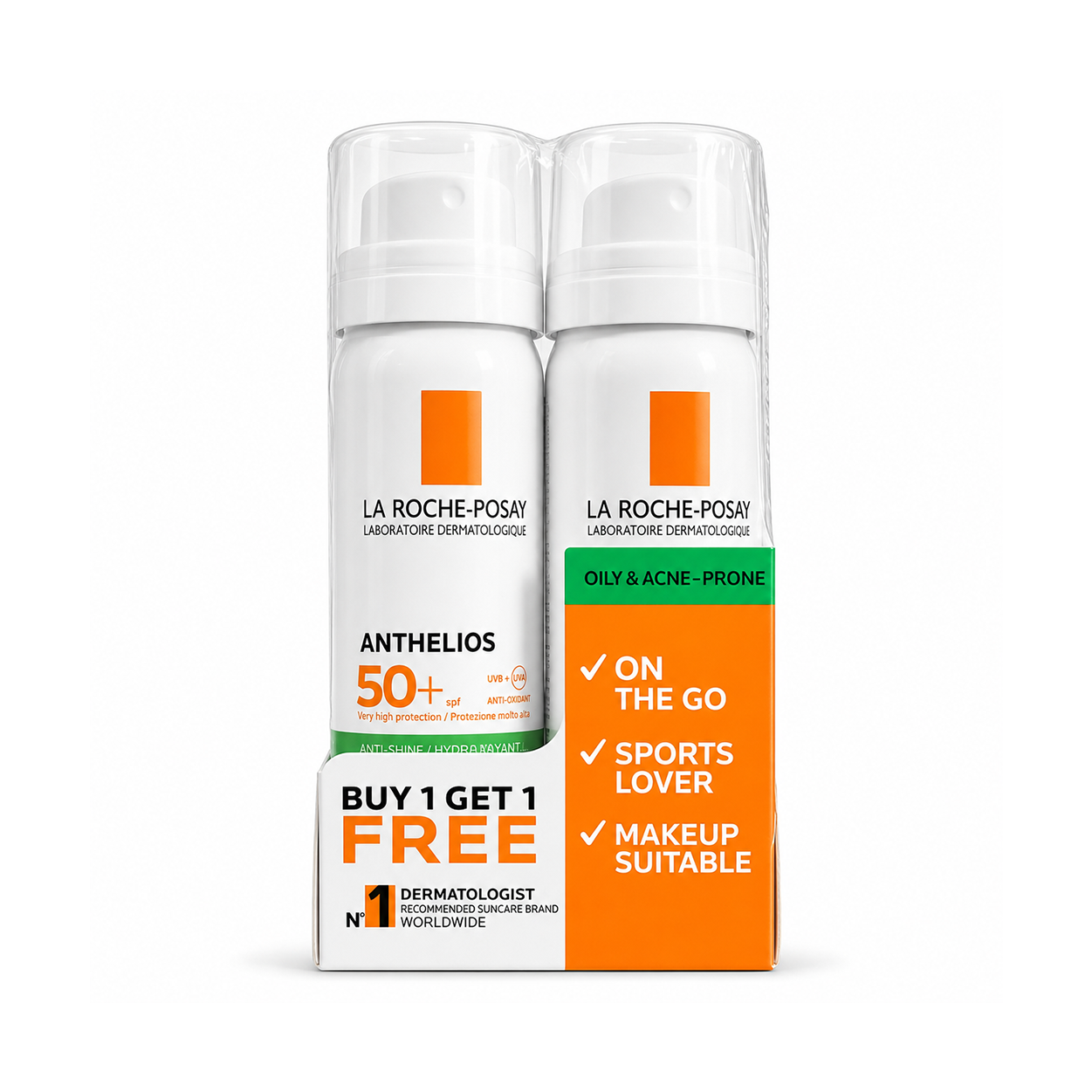 La Roche-Posay Anthelios SPF 50+ Anti-Shine Invisible Fresh Mist Twin Pack 2 x 75ml facial sunscreen spray for oily and acne-prone skin with broad-spectrum UV protection