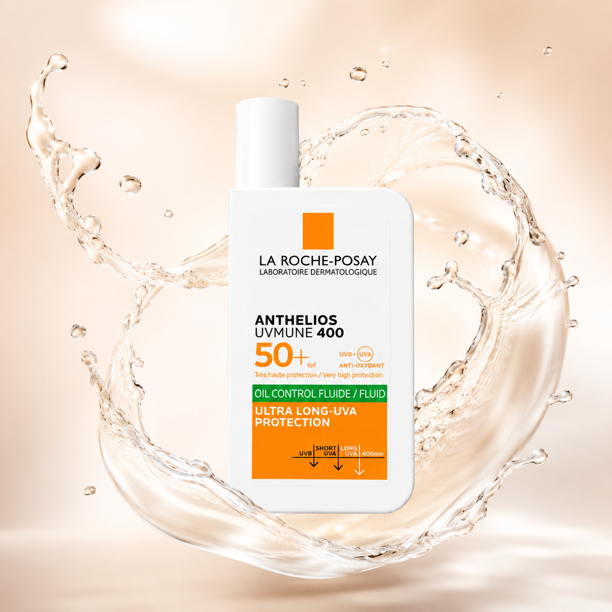 La Roche-Posay Anthelios UVMune 400 Oil Control Fluide SPF50+ facial sunscreen 50ml with oil control and ultra-long UVA protection.