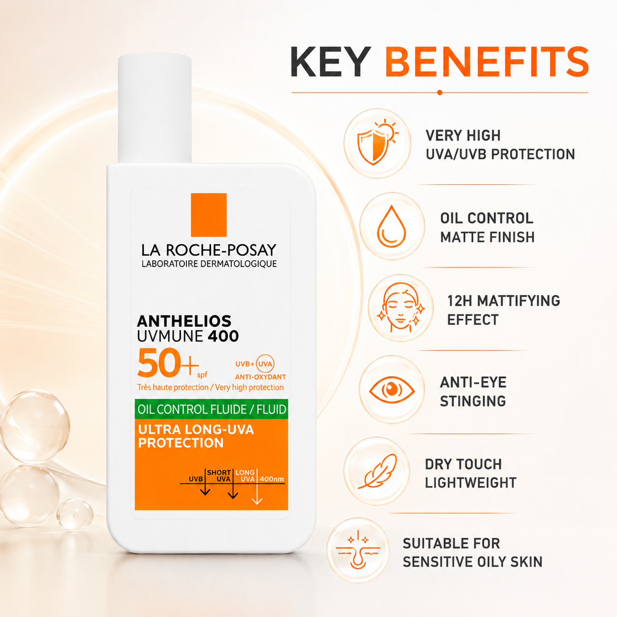 La Roche-Posay Anthelios UVMune 400 Oil Control Fluide SPF50+ facial sunscreen 50ml with oil control and ultra-long UVA protection.