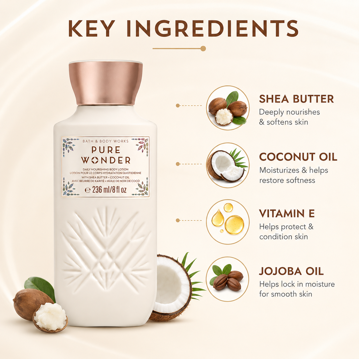 Bath & Body Works Pure Wonder Daily Nourishing Body Lotion 236ml with shea butter and coconut oil for long-lasting skin hydration and softness.