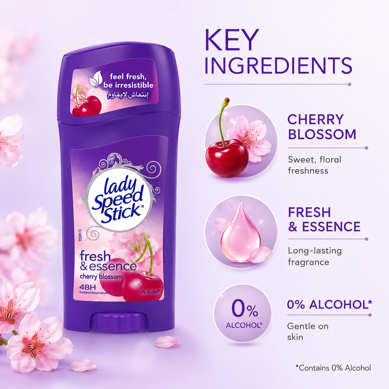 Lady Speed Stick Fresh & Essence Cherry Blossom 48H Antiperspirant Deodorant Stick 65g providing long-lasting odor protection and freshness.