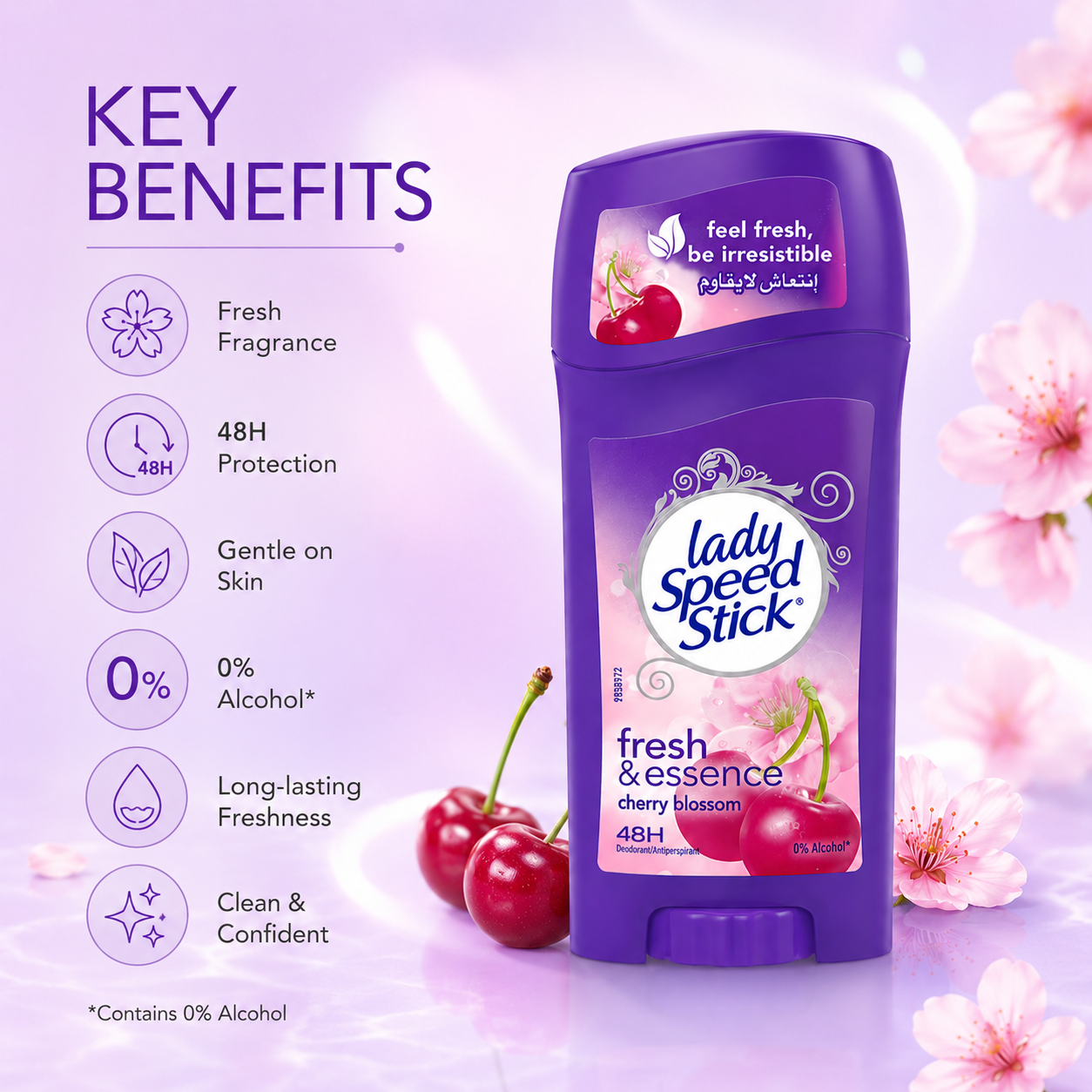 Lady Speed Stick Fresh & Essence Cherry Blossom 48H Antiperspirant Deodorant Stick 65g providing long-lasting odor protection and freshness.