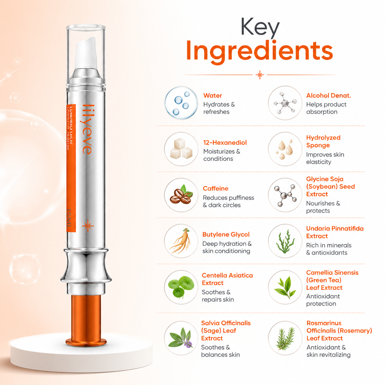 Lilyeve Luminous Under Eye Serum 15ml lightweight under eye serum for puffiness, dry skin, and tired-looking eyes