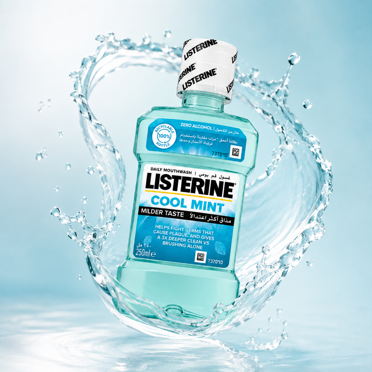Listerine Cool Mint Daily Mouthwash Milder Taste 250ml, zero alcohol mouthwash for plaque and germ protection