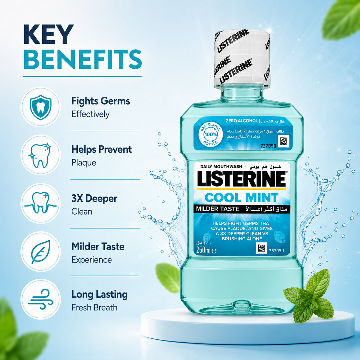 Listerine Cool Mint Daily Mouthwash Milder Taste 250ml, zero alcohol mouthwash for plaque and germ protection