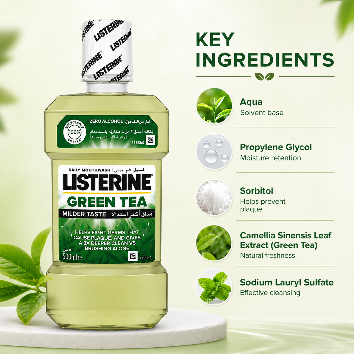 Listerine Green Tea Milder Taste Daily Mouthwash 500ml zero alcohol formula for germ and plaque protection