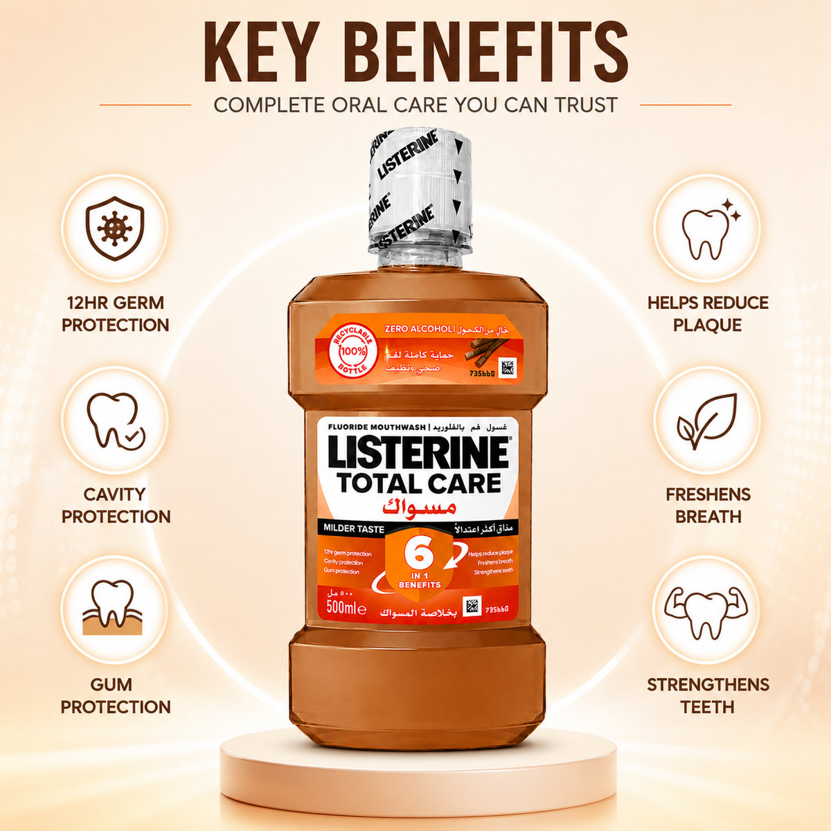 Listerine Total Care Miswak Milder Taste fluoride mouthwash 500ml for plaque, gum and cavity protection