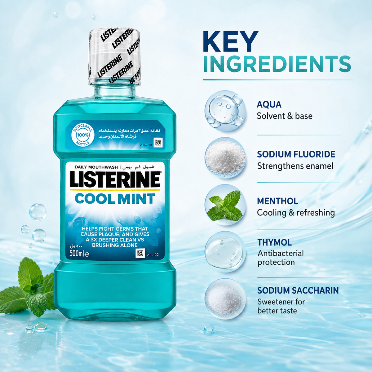 Listerine Cool Mint Daily Mouthwash 500ml for plaque protection and lasting fresh breath