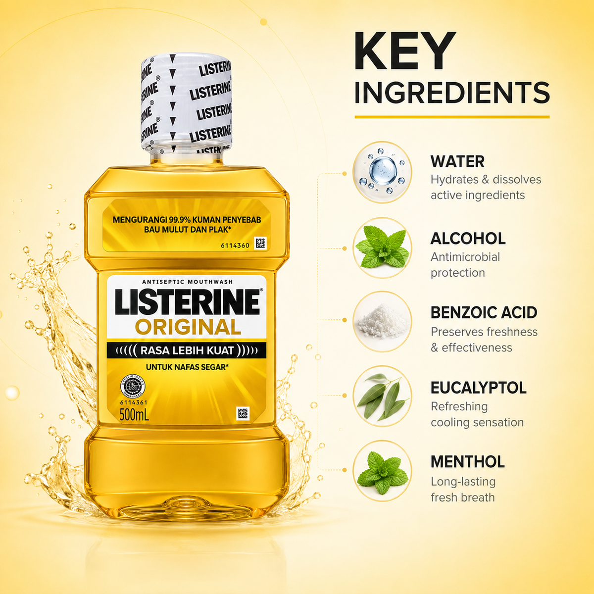 LISTERINE ORIGINAL Antiseptic Mouthwash 500ml for 99.9% germ reduction, bad breath and plaque protection