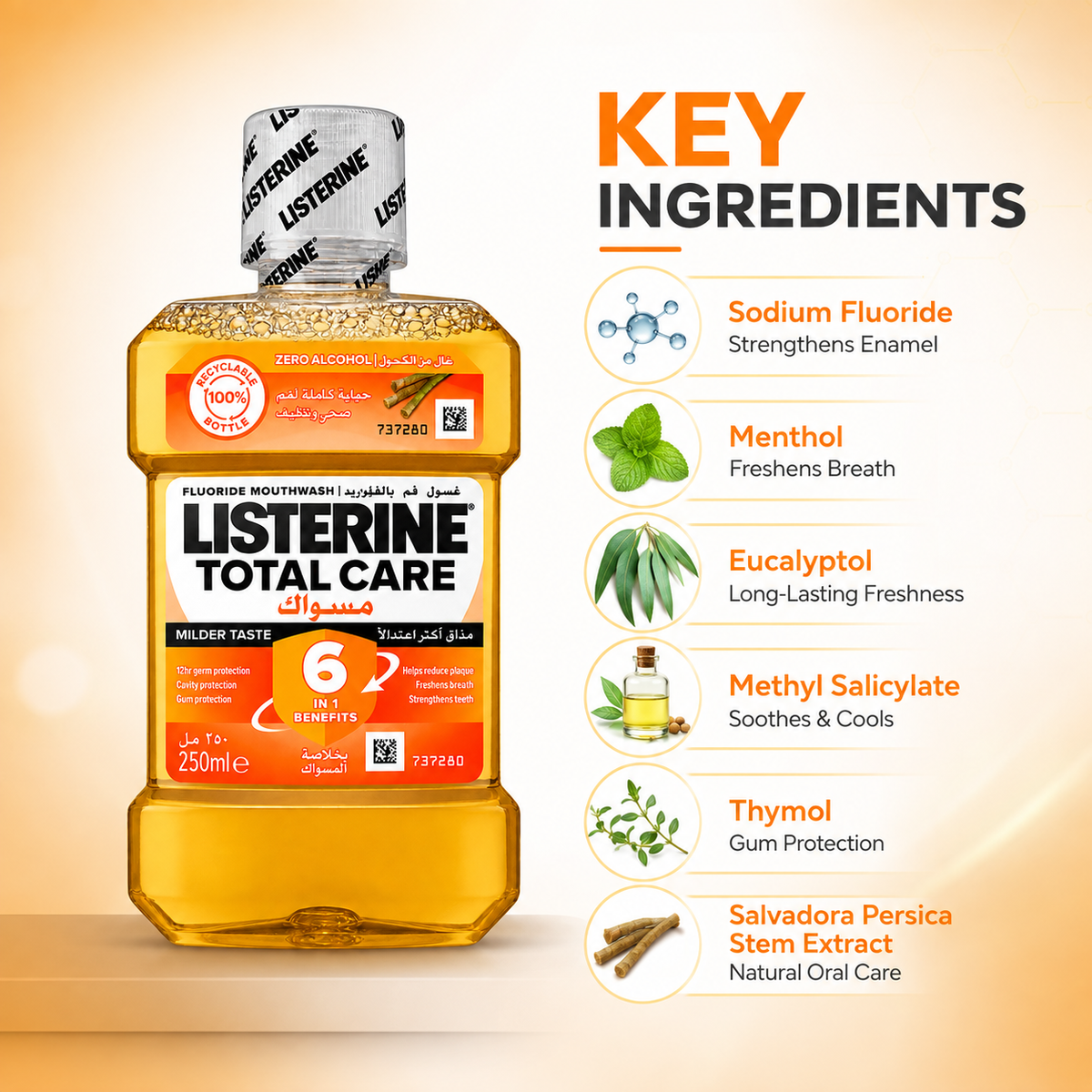 Listerine Total Care Fluoride Mouthwash Milder Taste 250ml for plaque, gum and cavity protection