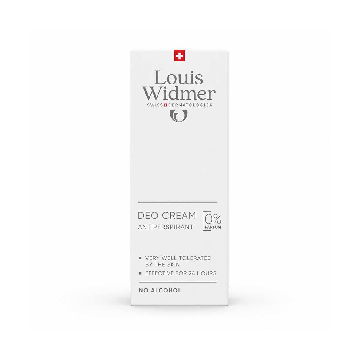 Louis Widmer Deo Cream Antiperspirant 40ml deodorant cream providing 24-hour sweat and odor protection for sensitive skin.