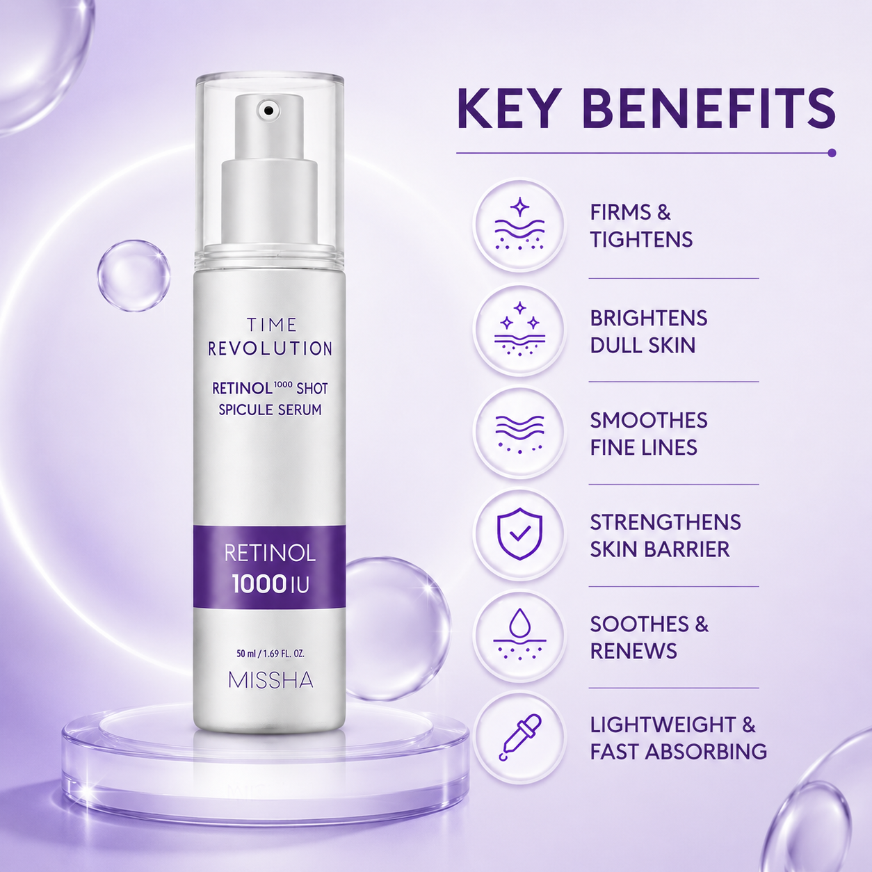 MISSHA Time Revolution Retinol 1000 Shot Spicule Serum 50ml retinol face serum for fine lines and uneven skin texture