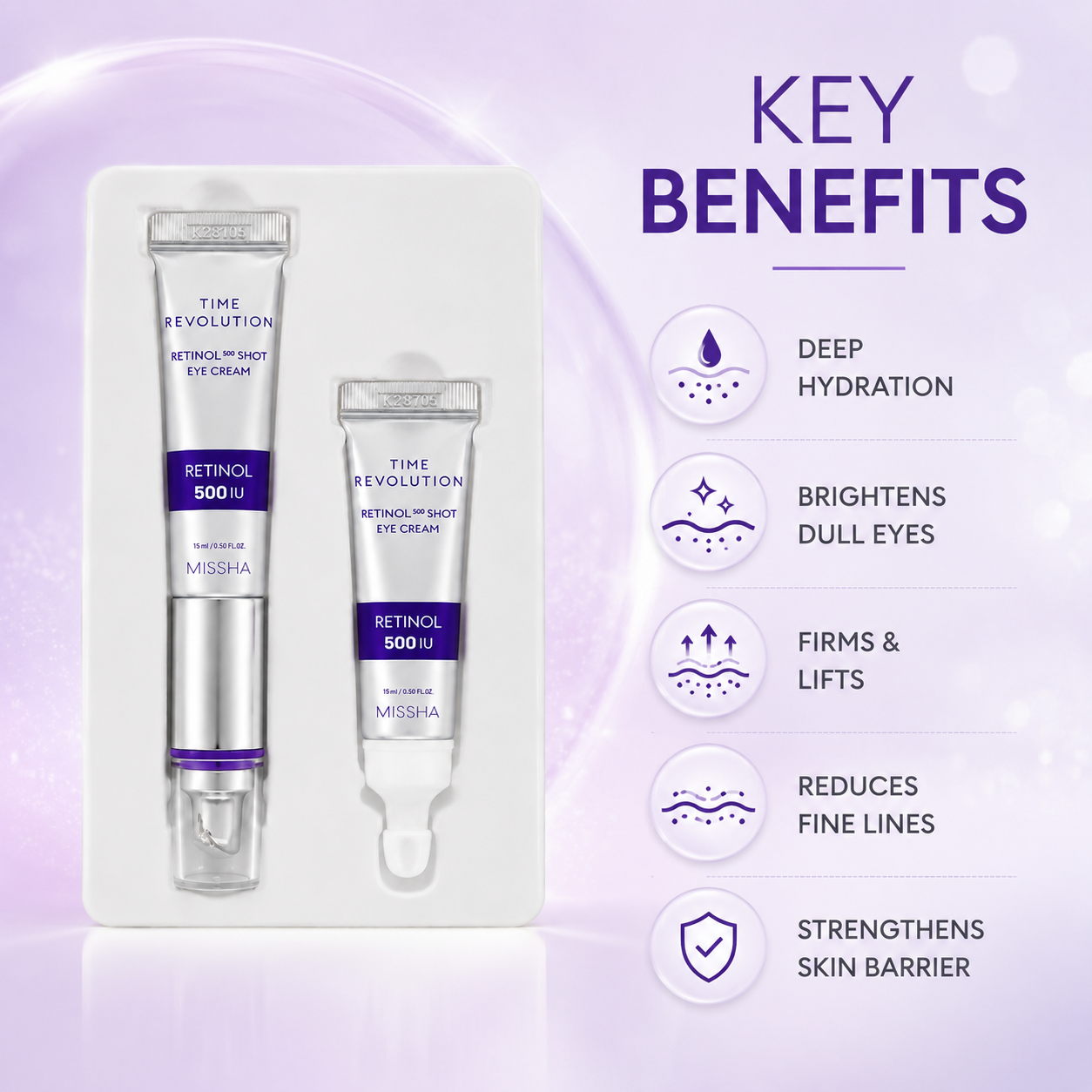 MISSHA Time Revolution Retinol 500 Shot Eye Cream Duo Set 15ml + 15ml for fine lines and dry under eyes