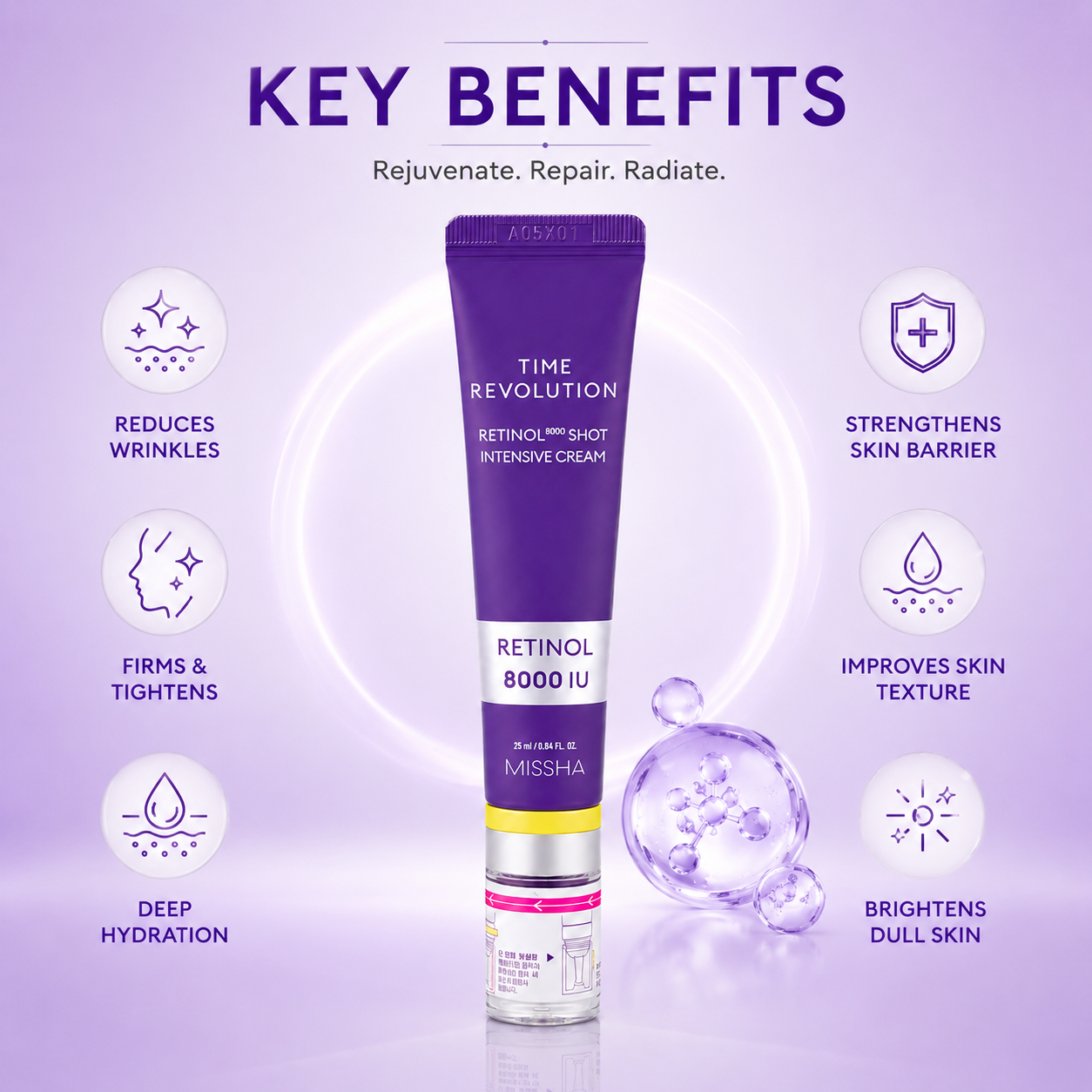 MISSHA Time Revolution Retinol 8000 Shot Intensive Cream 25ml retinol night cream for wrinkles and uneven skin texture