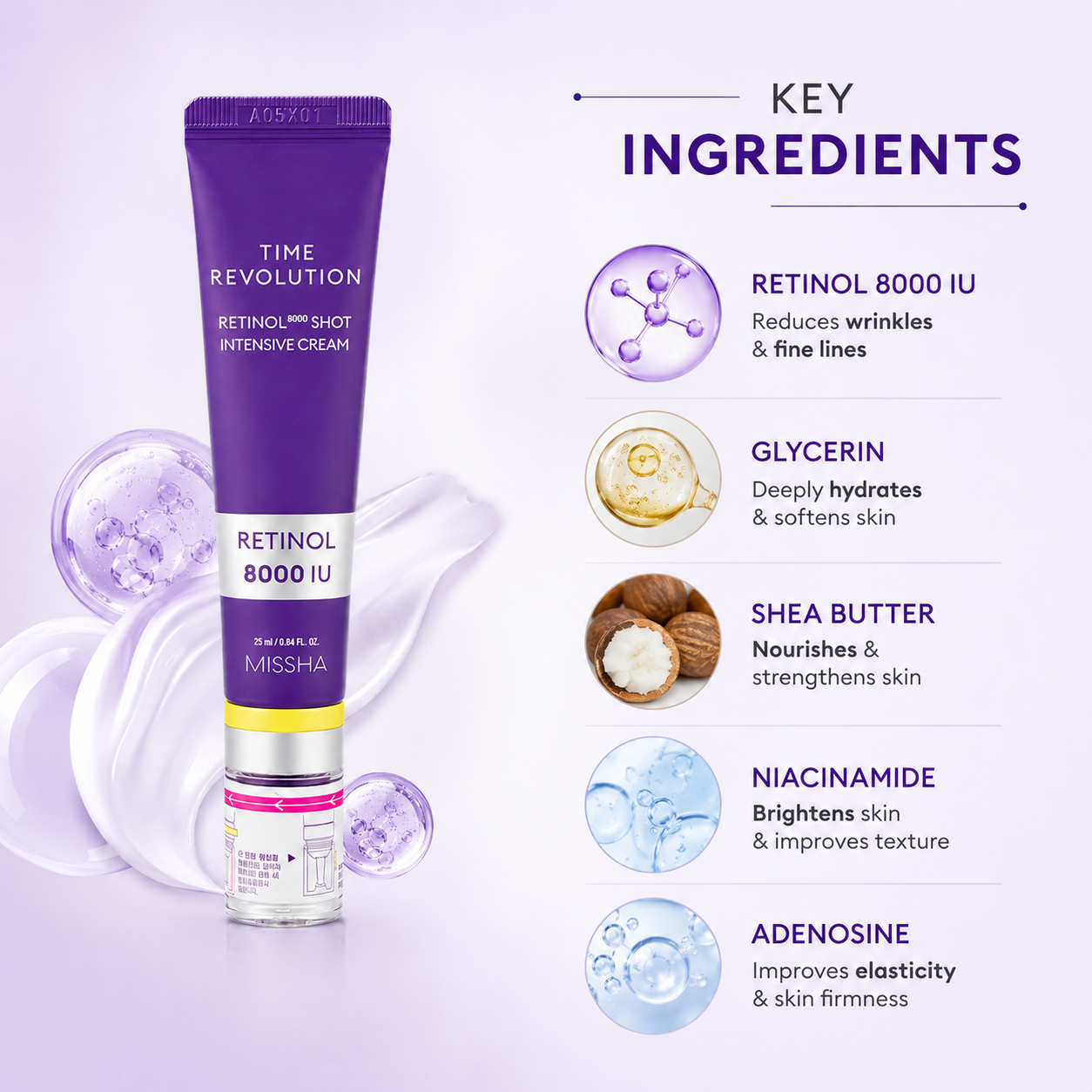 MISSHA Time Revolution Retinol 8000 Shot Intensive Cream 25ml retinol night cream for wrinkles and uneven skin texture
