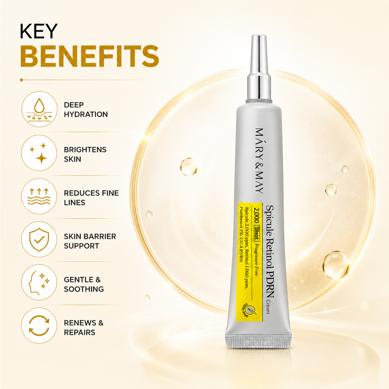 Mary & May Spicule Retinol PDRN Cream 2000 Shot 15g anti-aging face cream with retinol and PDRN for firmer, smoother-looking skin.
