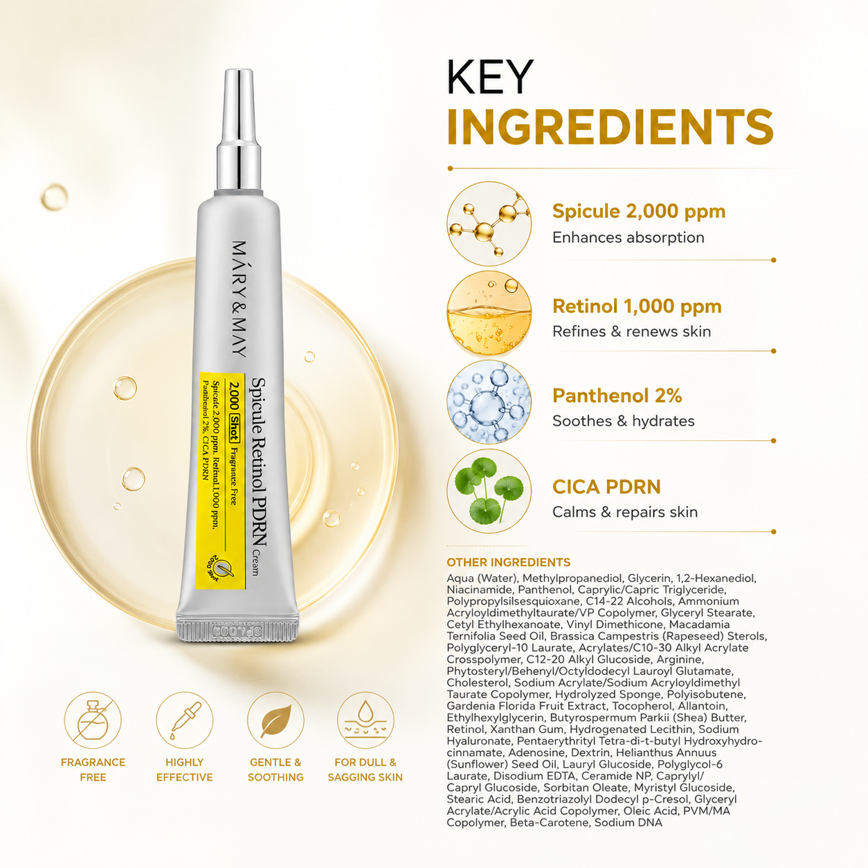 Mary & May Spicule Retinol PDRN Cream 2000 Shot 15g anti-aging face cream with retinol and PDRN for firmer, smoother-looking skin.