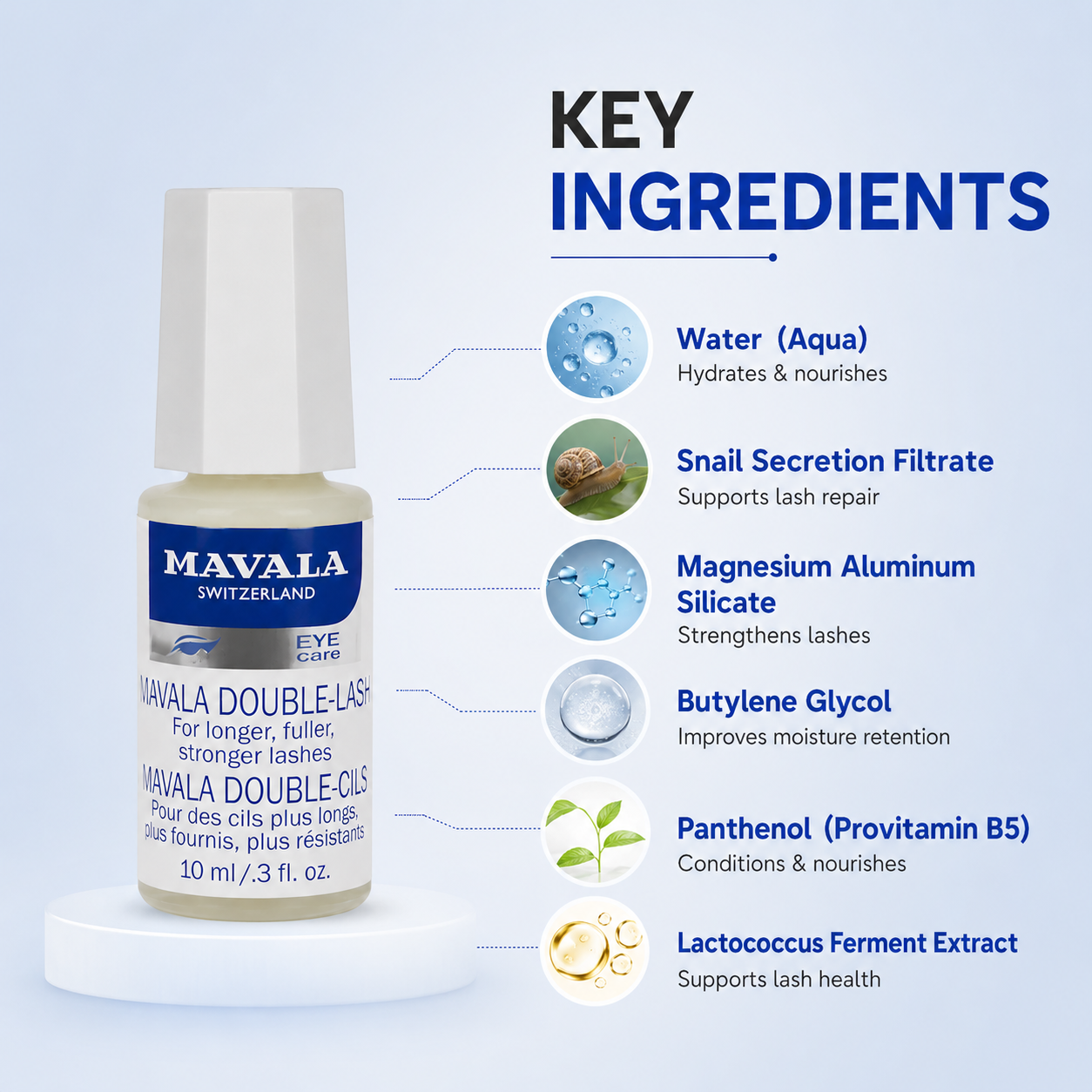 Mavala Double-Lash Eyelash Conditioning Serum 10ml for fuller and stronger-looking lashes in a white bottle packaging.