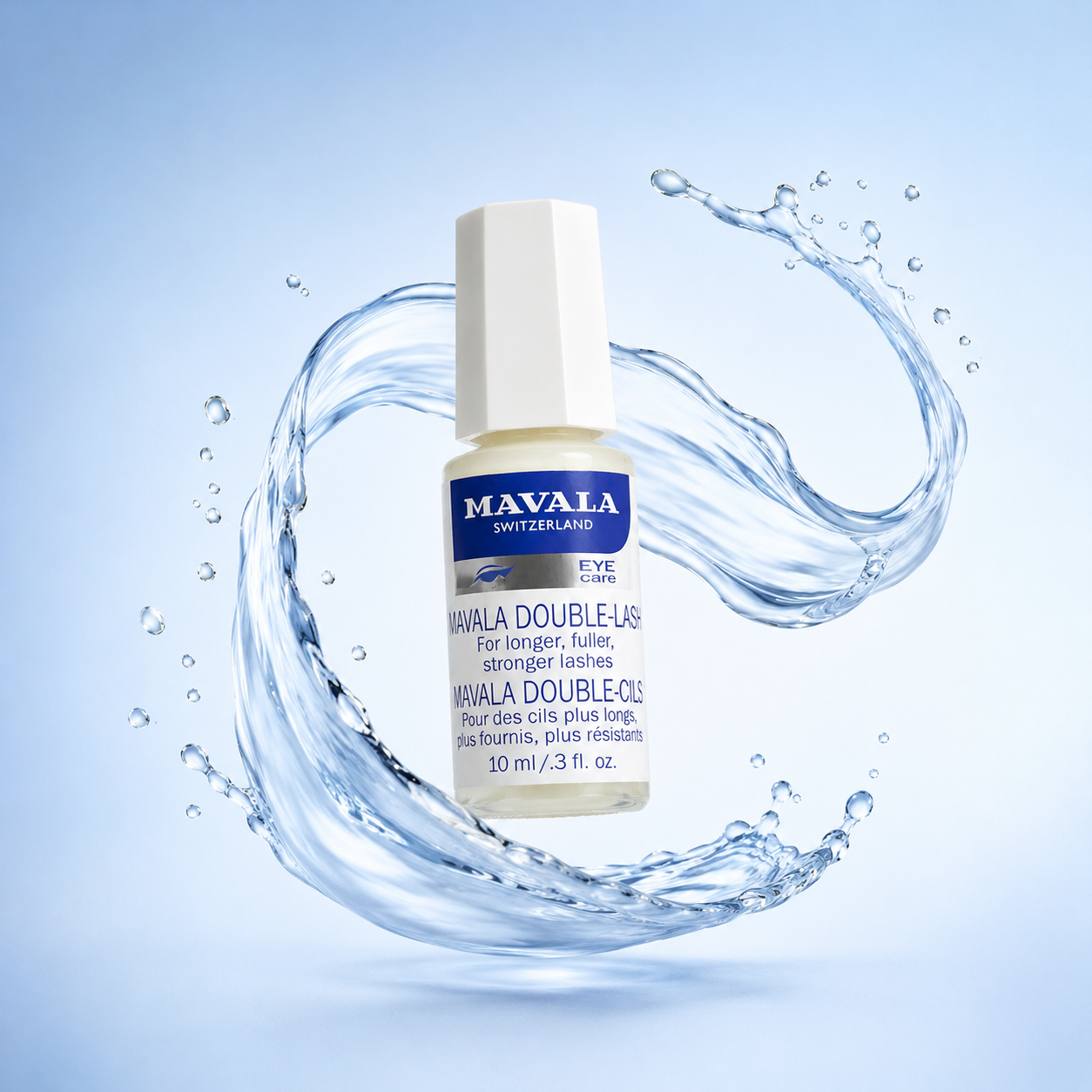 Mavala Double-Lash Eyelash Conditioning Serum 10ml for fuller and stronger-looking lashes in a white bottle packaging.
