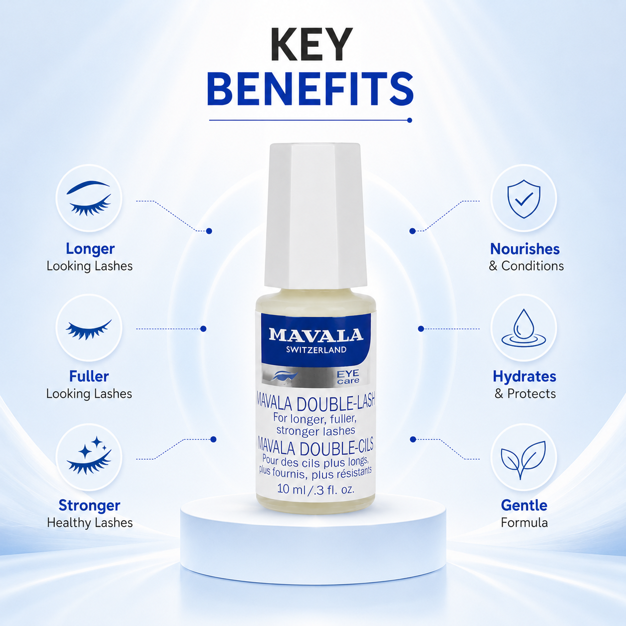 Mavala Double-Lash Eyelash Conditioning Serum 10ml for fuller and stronger-looking lashes in a white bottle packaging.