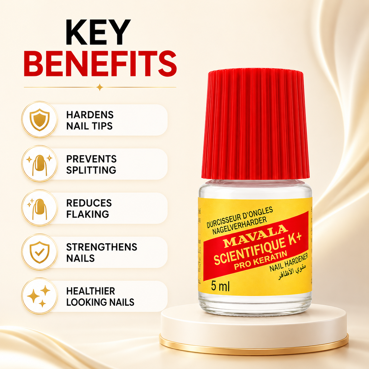 Mavala Scientifique K+ Pro Keratin Nail Hardener 5ml treatment for strengthening weak, brittle, and peeling nails