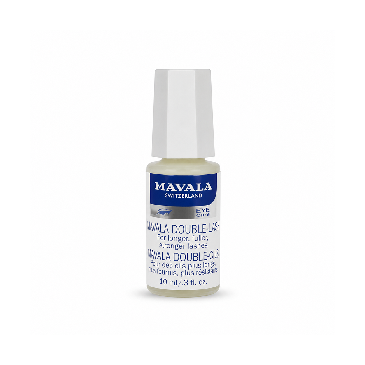 Mavala Double-Lash Eyelash Conditioning Serum 10ml for fuller and stronger-looking lashes in a white bottle packaging.