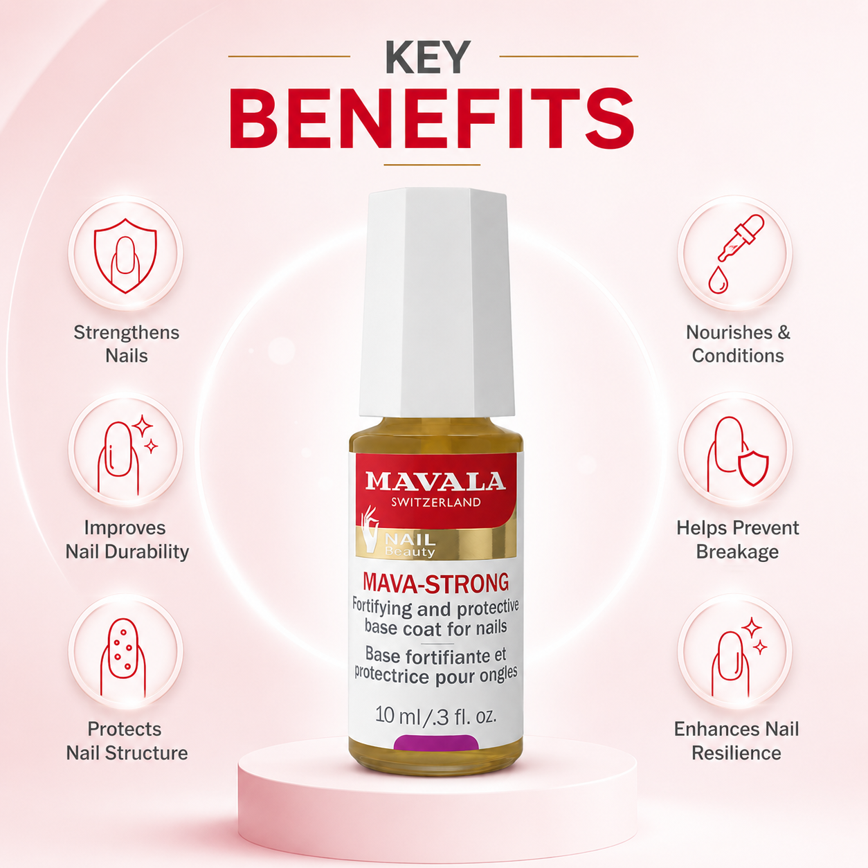 Mavala Mava-Strong Nail Fortifying Base Coat 10ml for weak brittle nails helping reduce peeling and breakage