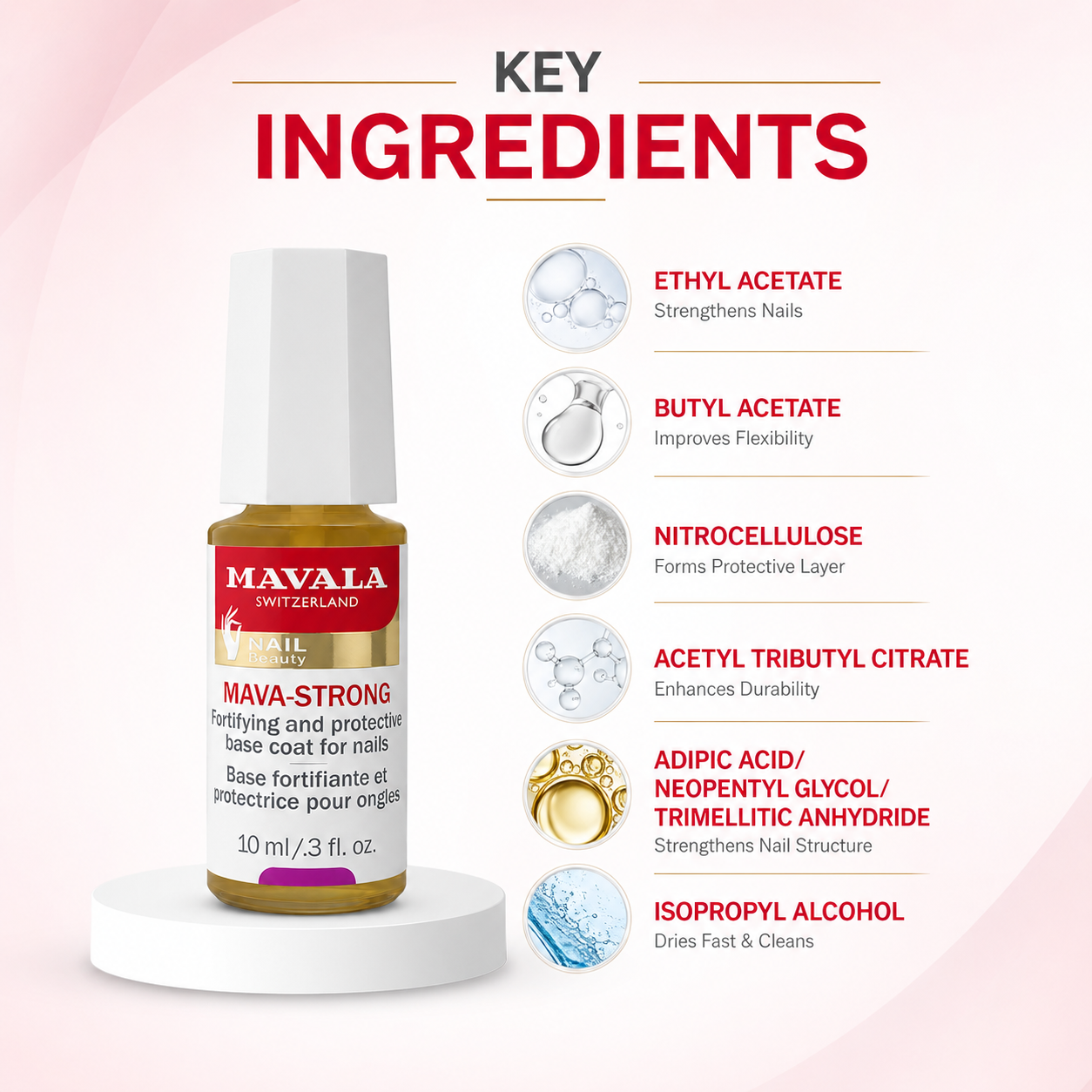 Mavala Mava-Strong Nail Fortifying Base Coat 10ml for weak brittle nails helping reduce peeling and breakage