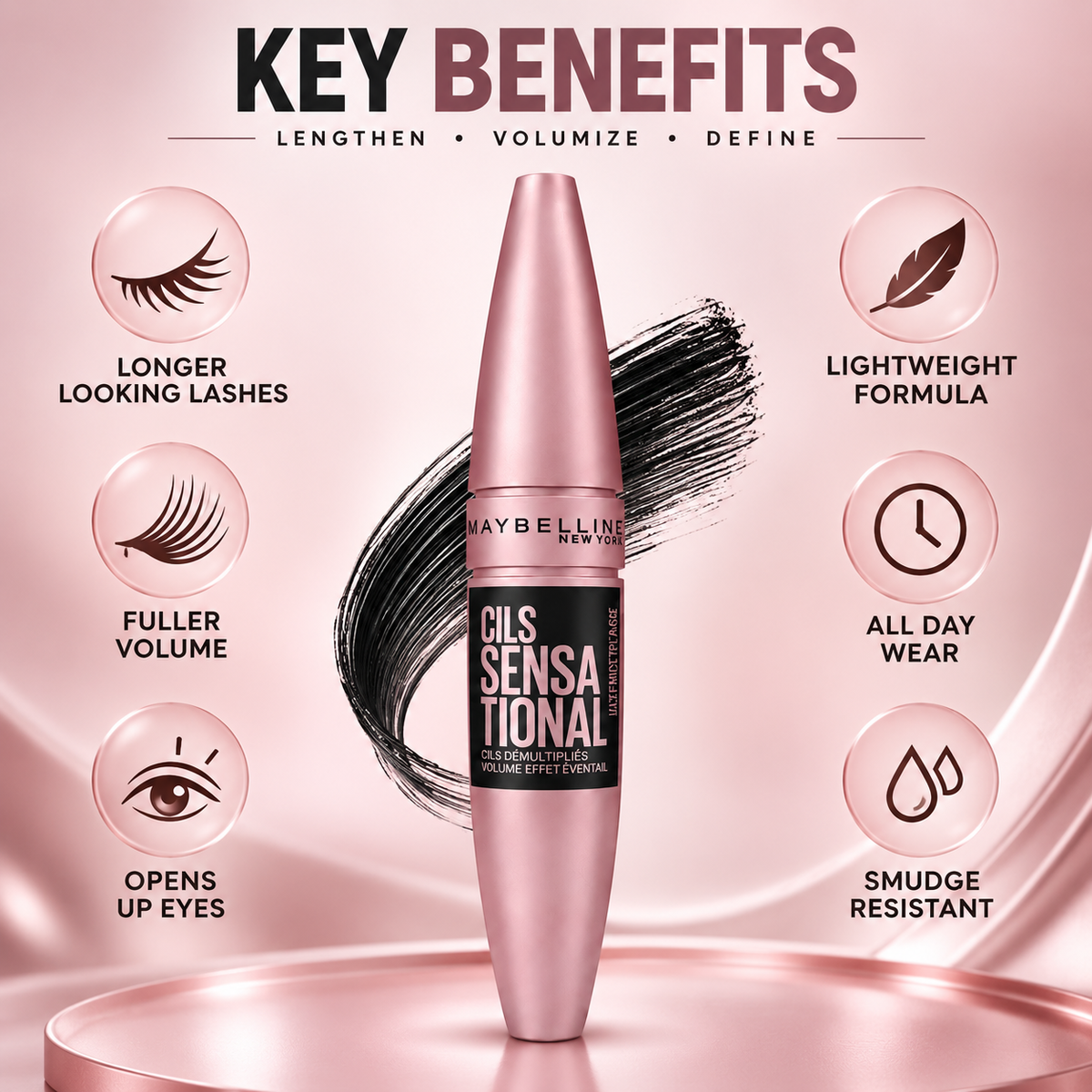 Maybelline New York Cils Sensational Mascara for fan-effect volume and defined lashes, rose-pink tube