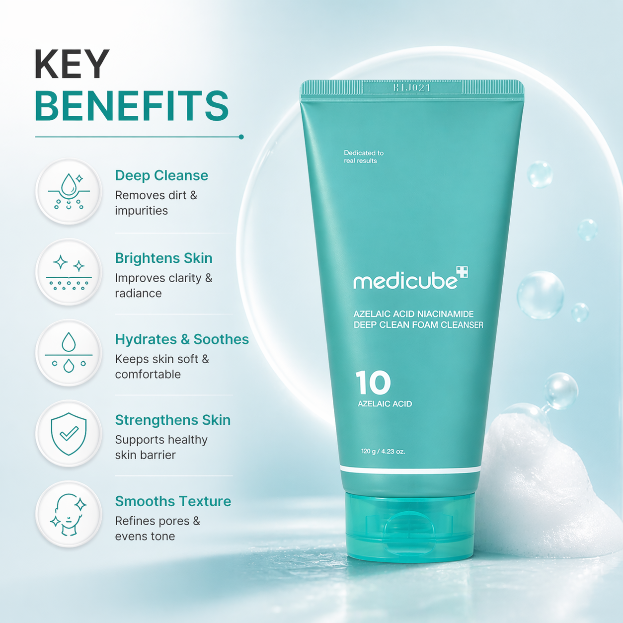 Medicube Azelaic Acid Niacinamide Deep Clean Foam Cleanser 120g tube, acne face cleanser for oily skin and pore cleansing