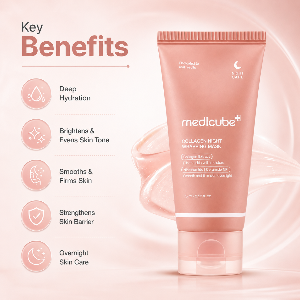 Medicube Collagen Night Wrapping Mask 75ml overnight sleeping mask with collagen for deep hydration, skin firming, and moisture barrier support.