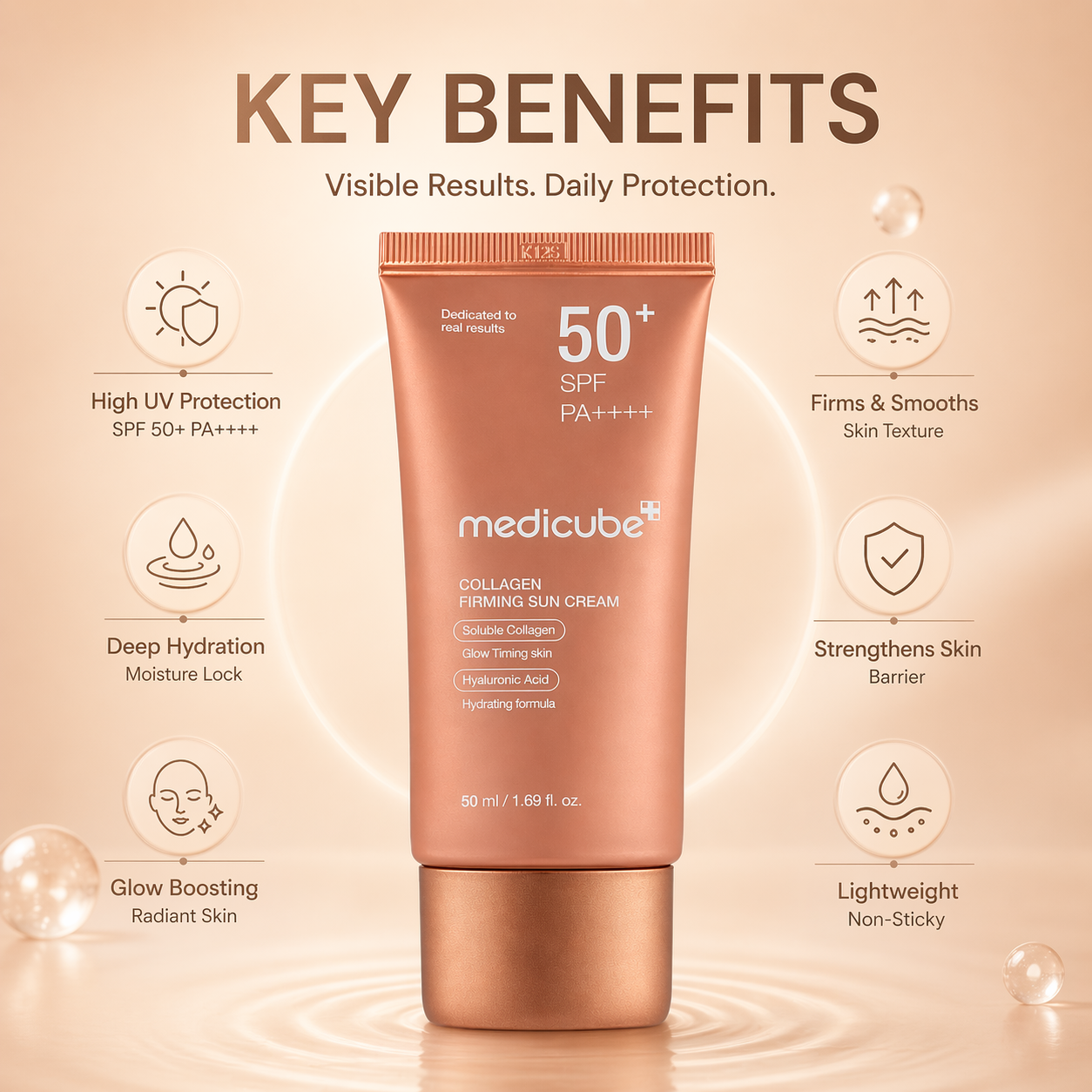 Medicube Collagen Firming Sun Cream SPF50+ PA++++ 50ml sunscreen tube for face with hydrating and firming benefits