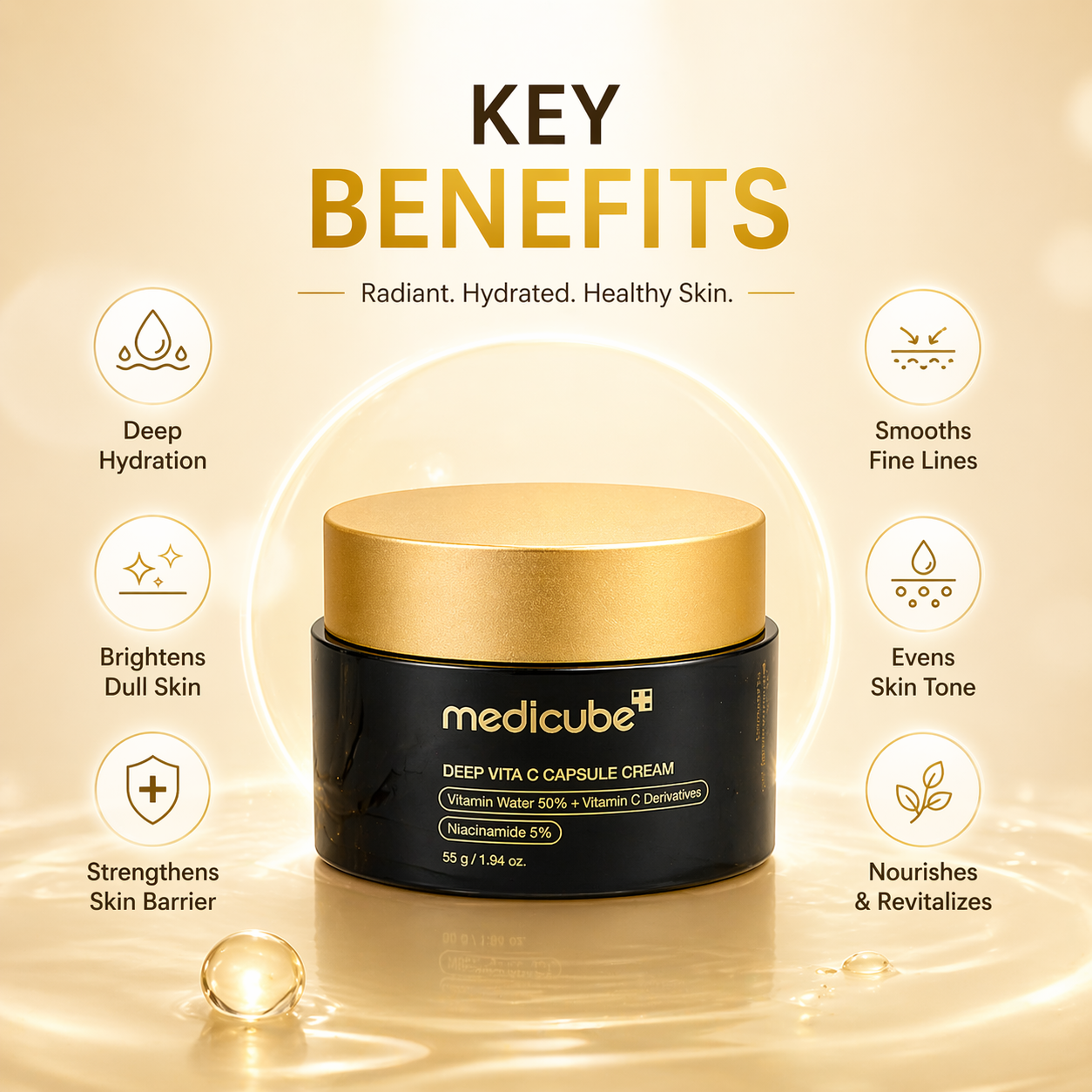 Medicube Deep Vita C Capsule Cream 55g vitamin C face cream for brightening and reducing dark spots in a black jar with gold lid