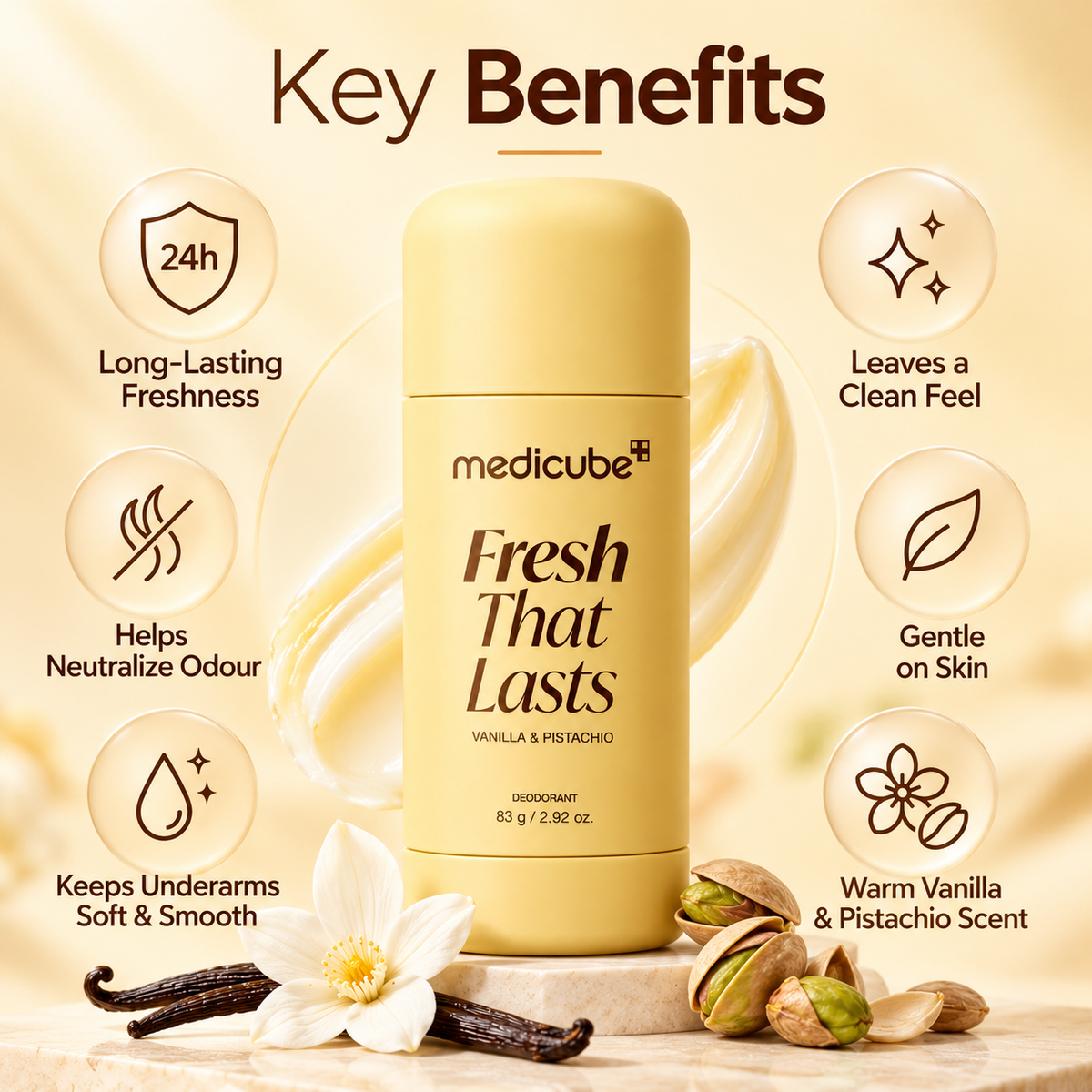 Medicube Fresh That Lasts Vanilla & Pistachio Deodorant Stick 83g for everyday underarm care with a warm, sweet fragrance.