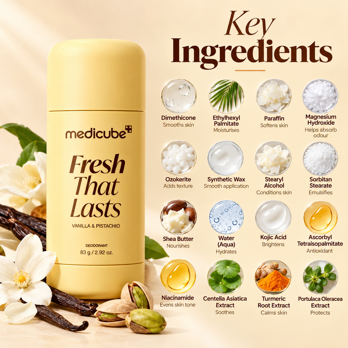 Medicube Fresh That Lasts Vanilla & Pistachio Deodorant Stick 83g for everyday underarm care with a warm, sweet fragrance.