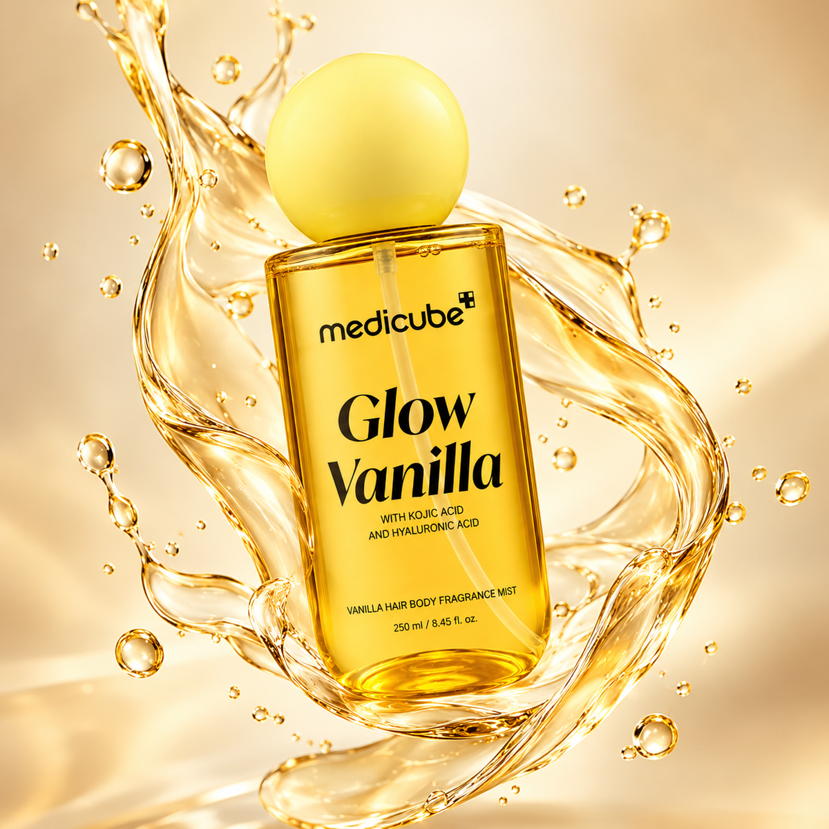 Medicube Glow Vanilla Hair Body Fragrance Mist 250 ml with a sweet vanilla fragrance in a golden bottle with a yellow cap.
