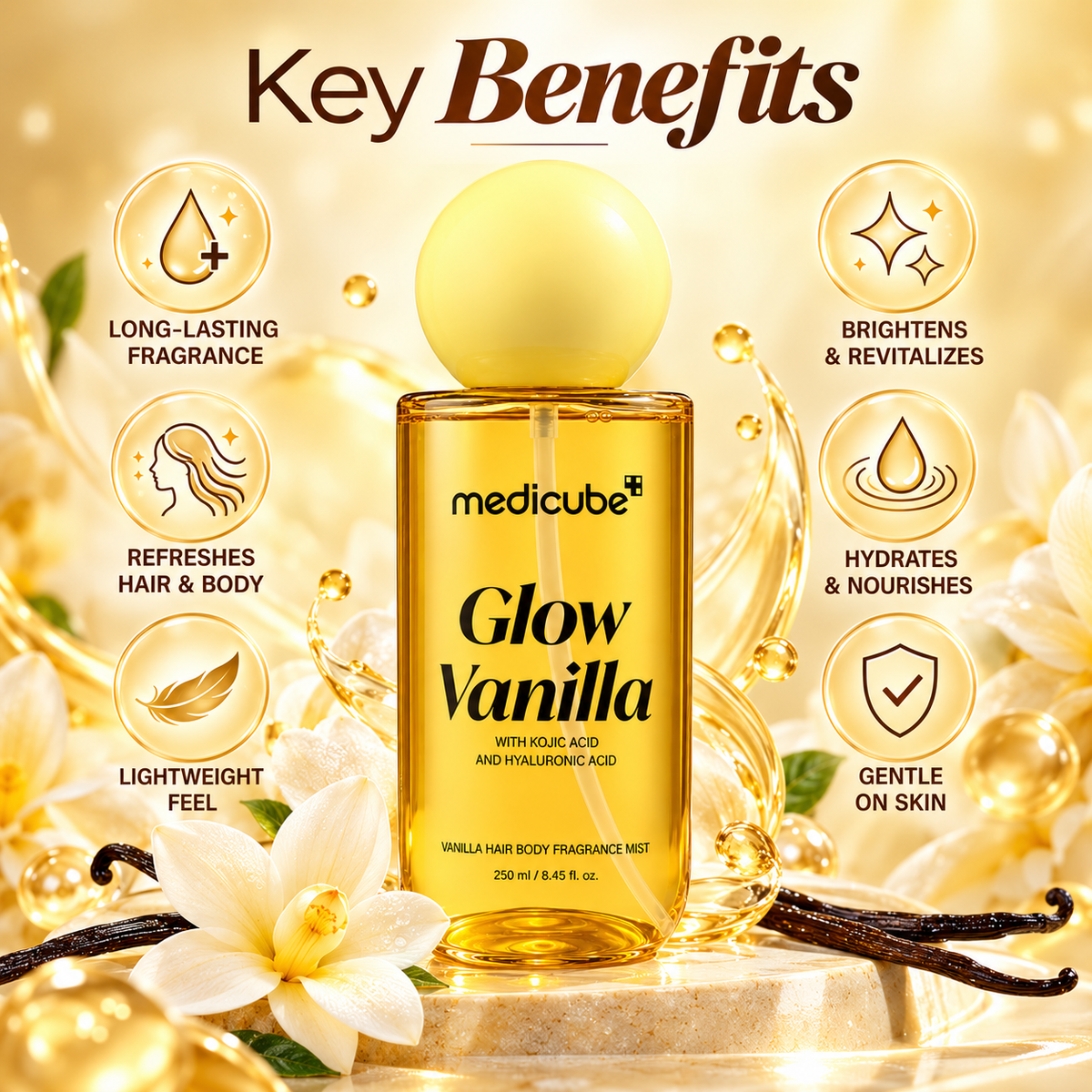 Medicube Glow Vanilla Hair Body Fragrance Mist 250 ml with a sweet vanilla fragrance in a golden bottle with a yellow cap.