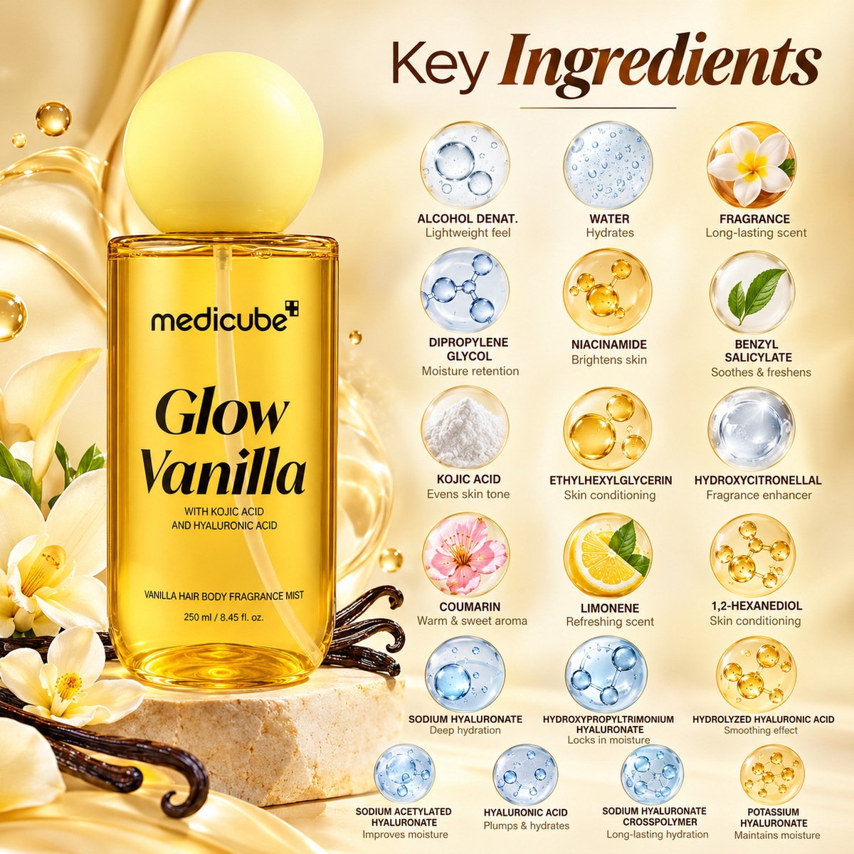 Medicube Glow Vanilla Hair Body Fragrance Mist 250 ml with a sweet vanilla fragrance in a golden bottle with a yellow cap.